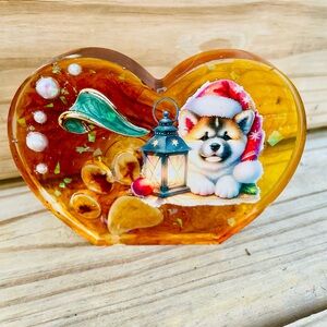 Handmade Heart-Shaped Mixed Media Art with Santa Puppy